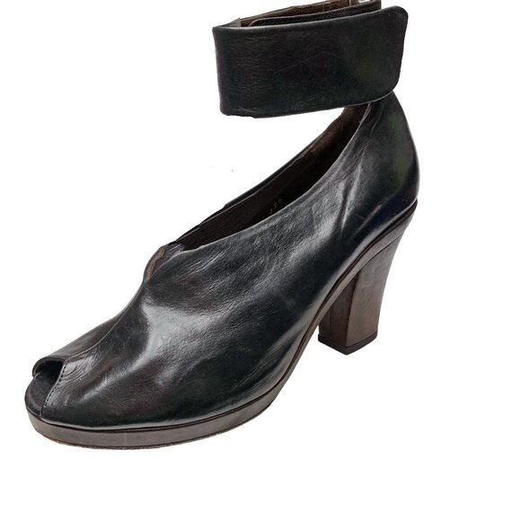 Coclico 24765 Black Leather Peep‎ Toe Ankle Wrap Heels - Picture 1 of 11